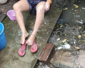 Indian house wife bathing outside with boobs Indian