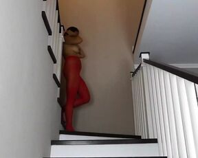 Red pantyhose and masturbate on stairs