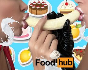 FETISH | FOOD PORN |Two sexy bitches in latex eat banana with cream