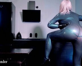 Hot Blonde with Curvy Body Wearing Latex Rubber Catsuit at Home and Teasing you