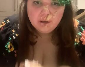 Birthday cake smashed in face, food, messy slut, humiliation